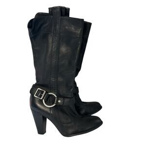 Vintage Y2K Gianni Bini Women’s Midi Leather Boots Black 7.5 Moto Biker Casual